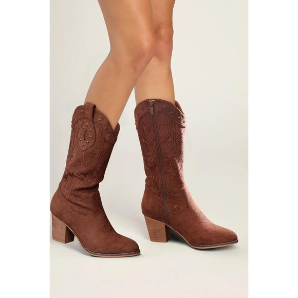 ⚡Women's Dark Brown Wide Calf Western Pointed Toe Chunky Heel Suede Embroidered - Picture 2 of 6